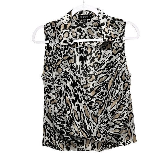 Bebe Womens Tops Size S Leopard Print Chiffon Twist Front Deep V-Neck - Picture 1 of 9